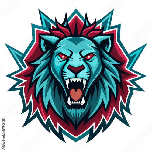 Roaring Lion Mascot with Teal-Crimson Spiked Mane in Layered Badge