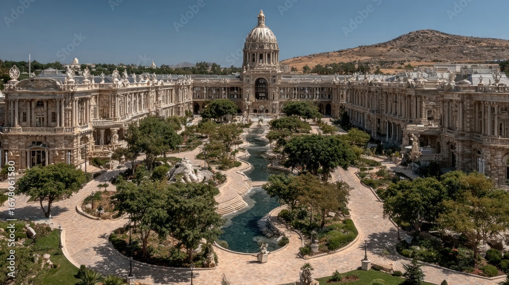 Naklejka premium Governmental complex with classical elements, landscaped pathways, and a prominent dome under clear skies