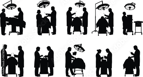 Silhouette surgeons, doctors, nurses, operating room, surgery table, medical instruments, hospital operation, healthcare teamwork, patient treatment, surgical light, professional medicine, care