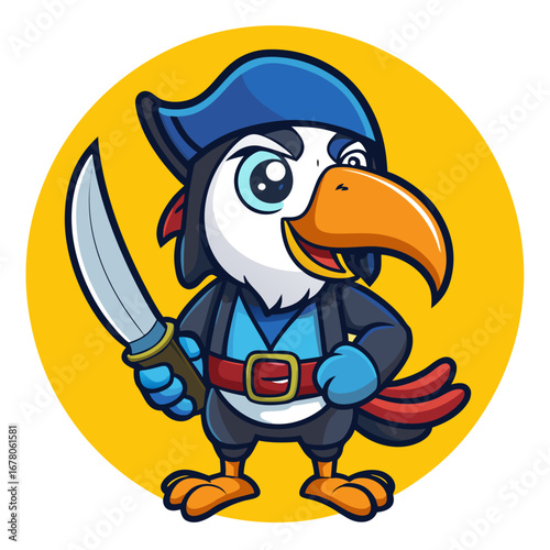 Cartoon Toucan Mascot with Pirate Saber on Yellow Circle Background