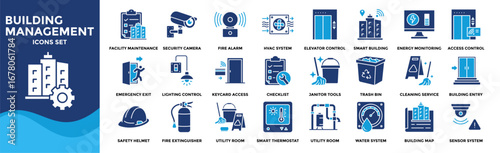 Building Management icon collection set. Containing design Facility Maintenance , Security Camera, Fire Alarm, HVAC System, Elevator Control, Smart Building