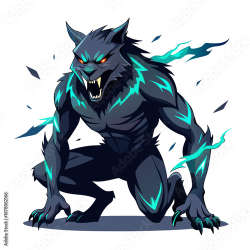 Dark Werewolf in Crouched Pose with Aggressive Background Slashes