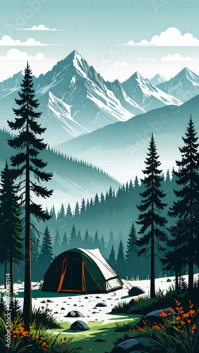Camping under the snowy mountain. Idyllic mountain camping view. Relaxing camp at the foot of mountains. Tent camping by the snowy peaks. Scenic camp in a mountainous region
