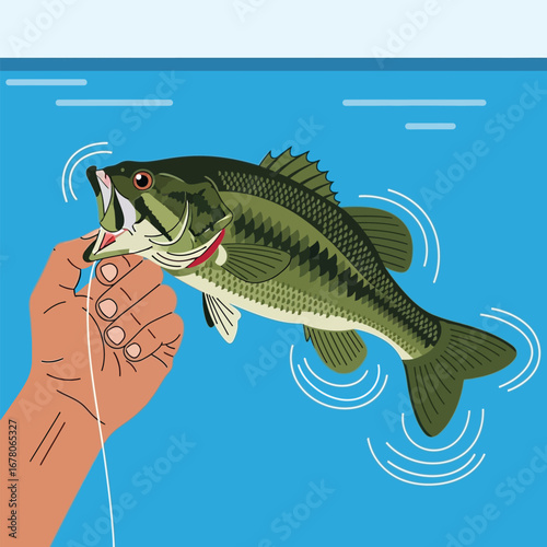 Illustration depicts a hand holding a fishing line with a large fish caught in water.