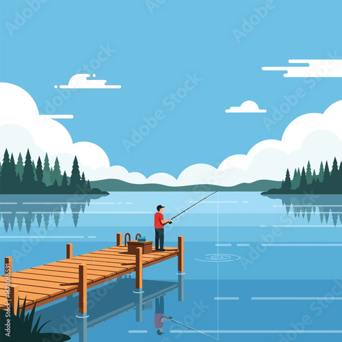 A man fishing off a wooden pier on a calm lake with trees and clouds in the background.