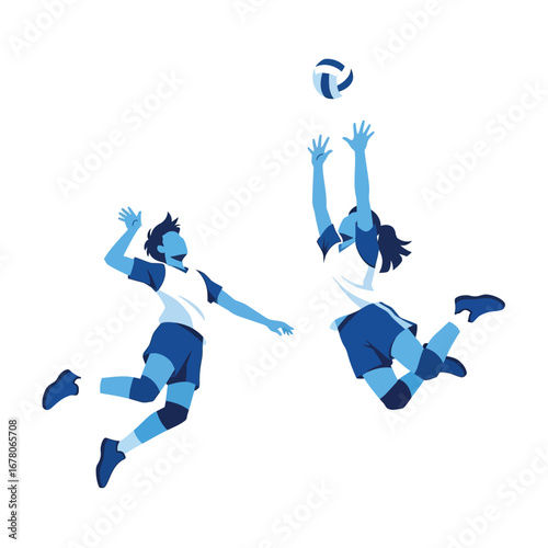 Two volleyball players in action, one spiking and the other jumping to block the ball.