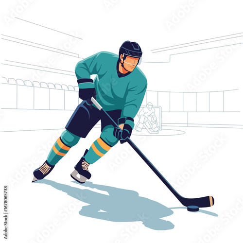 An illustration of a hockey player skating with a stick, about to shoot the puck.