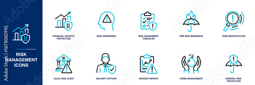 Risk Management Blue Colored Outline Icon Set