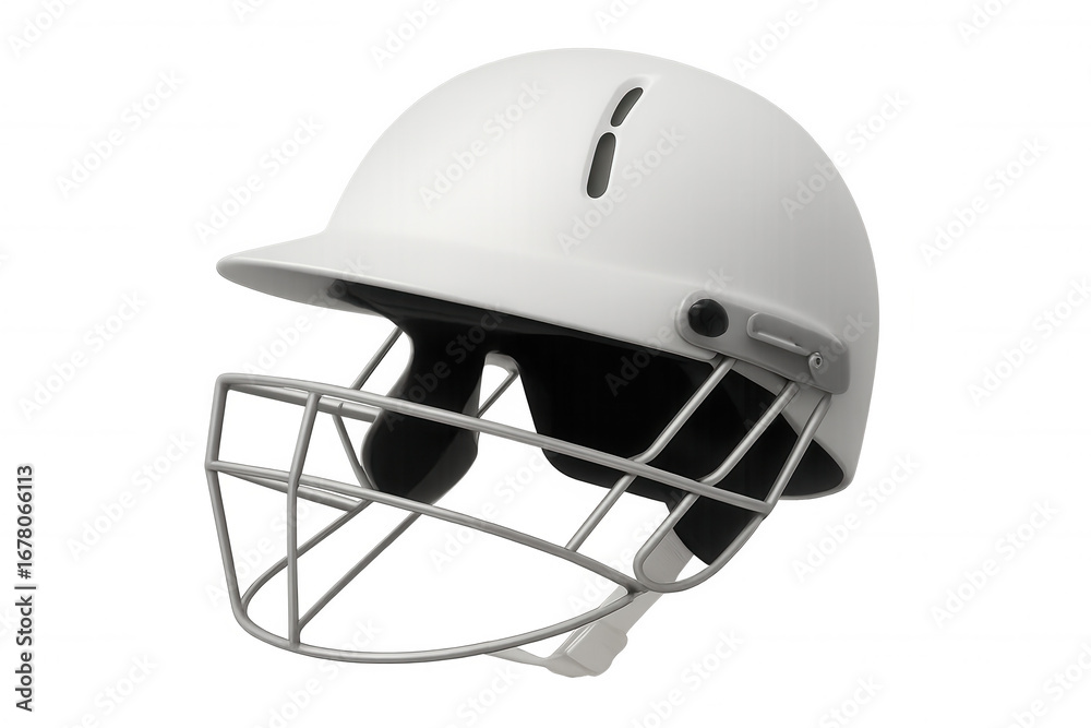 Fototapeta premium Cricket protective headgear safeguarding player from potential impact, resting on clean white surface