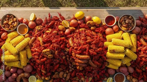 Overhead Shot of Crawfish Boil on Wooden Table with Corn, Potatoes, Sausage, Lemons, and Dipping Sauce for a Party, Seafood Feast