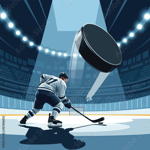 Hockey player skating on ice rink about to hit a puck in a stadium.