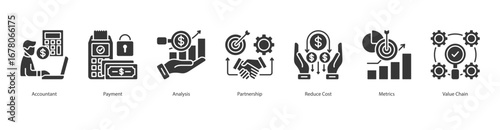 Cost Analysis banner web icon set vector illustration concept with icon of accountant, payment, analysis, partnership, reduce cost, metrics, value chain