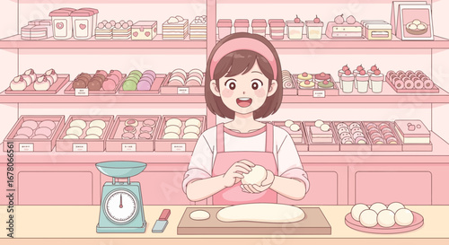 Charming bakery scene featuring a baker preparing dough with cute aesthetics