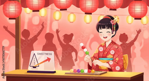 Illustration of a Smiling Girl in Kimono Selling Dango at a Festive Festival