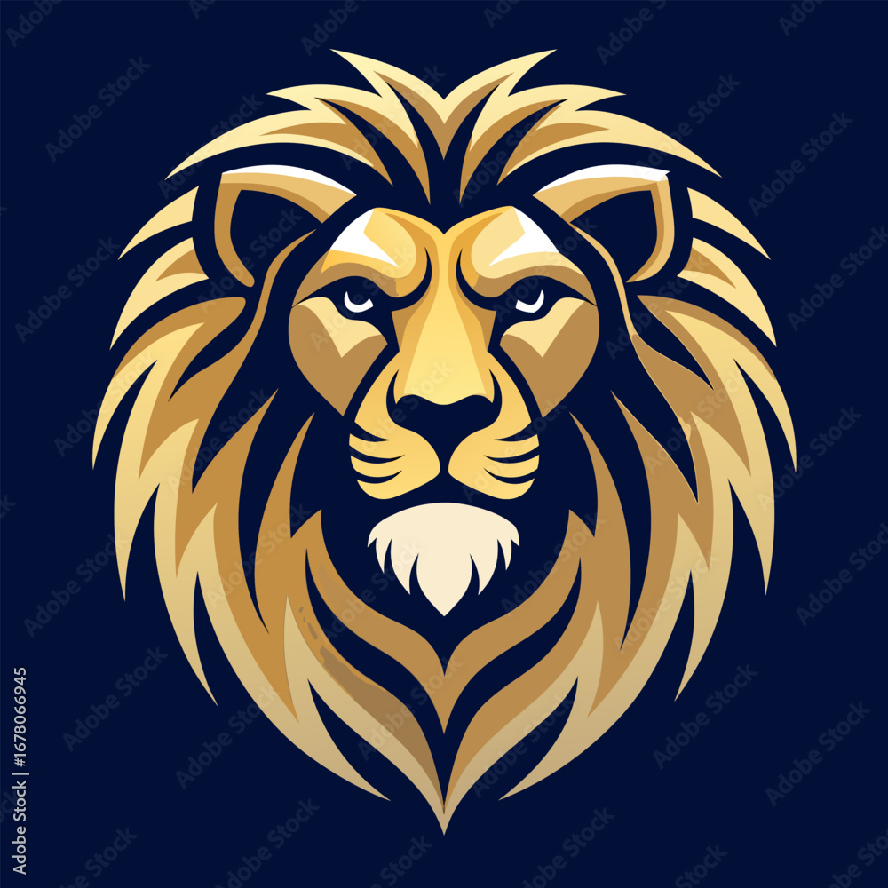Fototapeta premium Symmetrical Golden-Hued Lion Head on Navy – Curved Vector Lines for Pride and Dominance