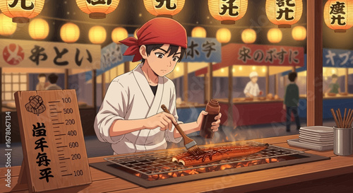 Anime-style chef grilling eel with teriyaki sauce at vibrant Japanese street food stall