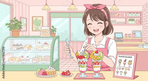Charming anime girl making colorful fruit parfaits in a delightful pastry shop