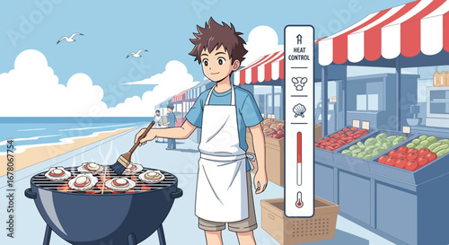 Illustration of a young man grilling scallops at a beachfront market scene