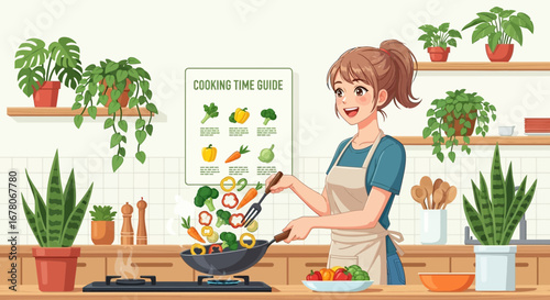 Cartoon woman cooking vegetables in a pan while referencing a cooking guide