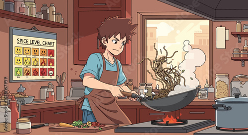 Anime styled chef in kitchen with spice chart cooking noodle dish