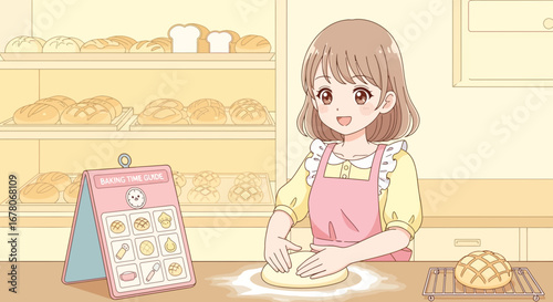 Anime-style baker girl kneading dough in a bakery with bread display shelf