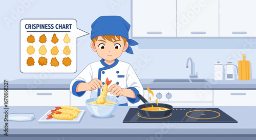 Cartoon chef preparing crispy tempura in a modern kitchen setting illustration