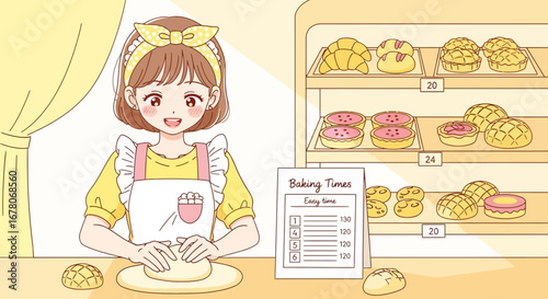 Animated baker kneading dough in a cozy pastry shop with shelves full