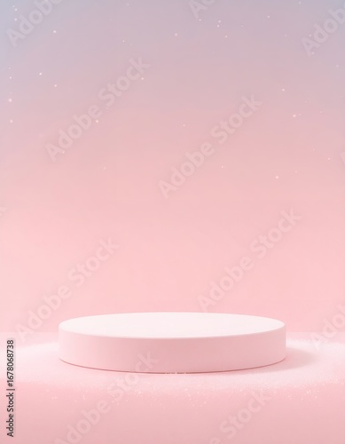 柔らかなピンクの丸型ステージときらめくグラデーション空