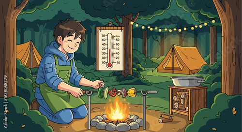 Animated character enjoying outdoor camping and cooking delicious skewers over a campfire