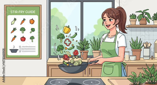 Woman preparing healthy stir-fry vegetables in a bright kitchen at home