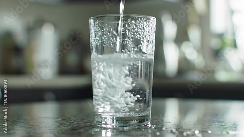 Elegant Glass Being Filled with Water in a Close Up View with Softly Blurred Background Showcasing Purity and Refreshment for Health and Wellness Promotions and Decoration