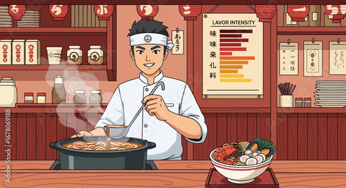 Artistic rendition of a skilled chef crafting flavorful ramen in his restaurant