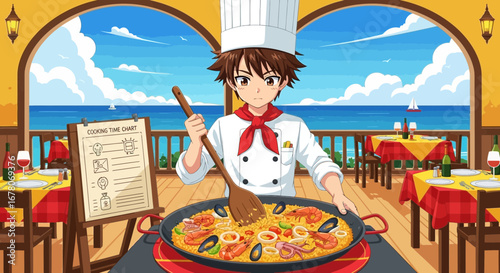 Anime-styled chef prepares traditional paella overlooking the sea, captivating cartoon illustration
