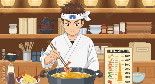 Anime-Style Asian Chef Deep-Frying Shrimp Tempura in a Traditional Kitchen