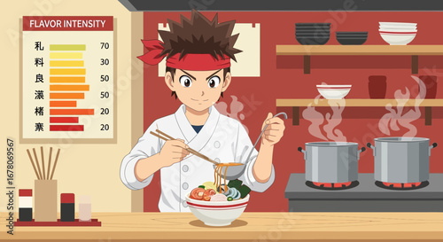 Anime-Style Chef Crafting a Flavorful Ramen Bowl in a Vibrant Kitchen Setting