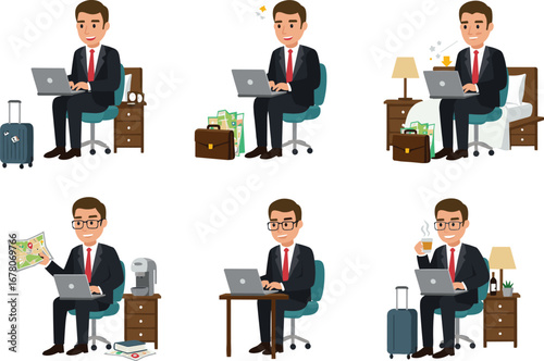 Businessman remote working, hotel travel setup, digital nomad, laptop work, business trip
