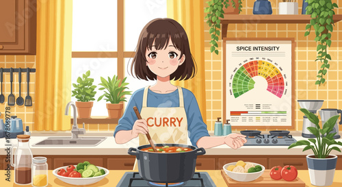 Animated girl preparing curry in a bright kitchen with spice intensity chart