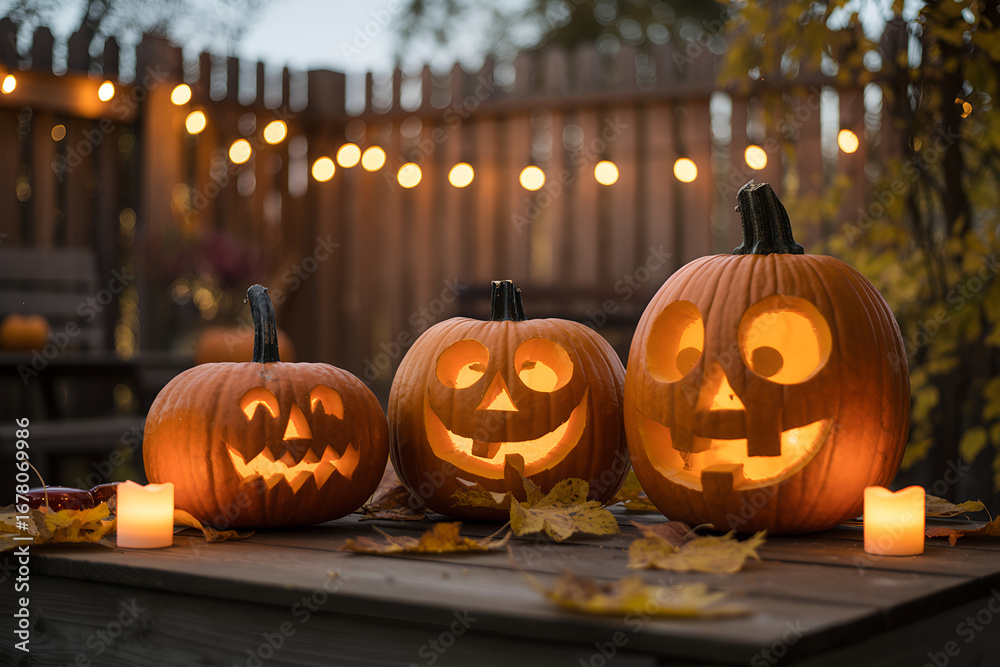 Fototapeta premium Halloween Flat Lay with Pumpkins, Spiders, Bats and Trick or Treat Buckets on Orange Background,Halloween party decorations frame from pumpkins,Halloween pumpkins with carved faces, Halloween flat lay