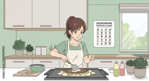 Young woman diligently preparing okonomiyaki in a cozy, well-lit kitchen scene