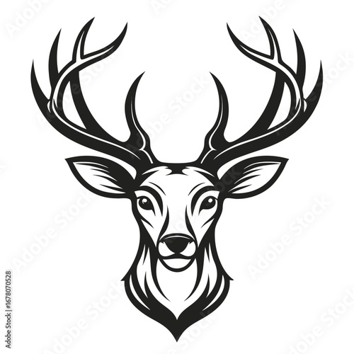 Minimal Black-and-White Deer Head with Symmetrical Tall Antlers