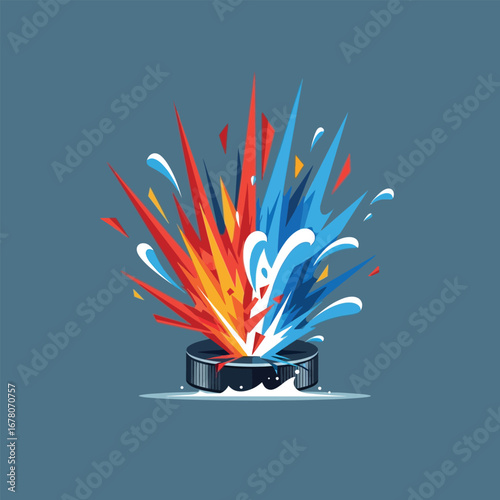 A hockey puck with an explosion of red and blue shards, suggesting fire and ice, against a blue background.
