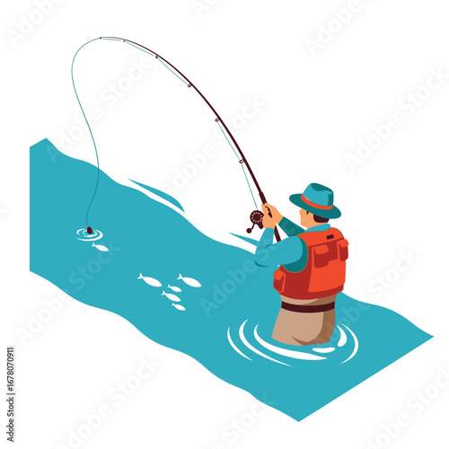 Fisherman in water wearing a hat and vest, holding a fishing rod, catching fish.