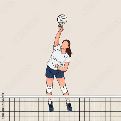 An illustration of a woman in sportswear spiking a volleyball over a net.