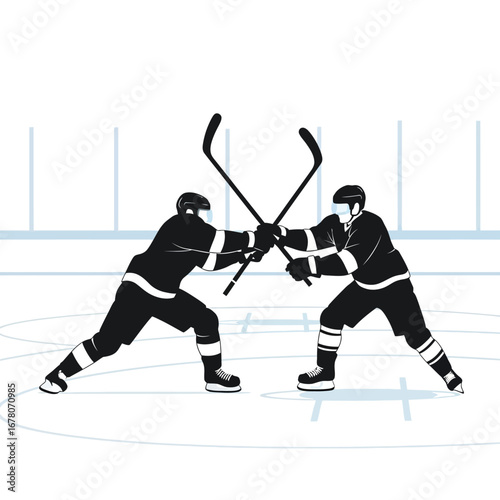 Two hockey players face off, sticks crossed, in a dynamic illustration of a sporting competition.