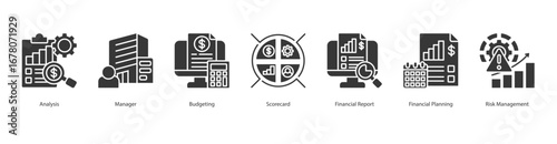 financial analysis banner web icon set vector illustration concept with icon of analysis, manager, budgeting, scorecard, financial report, financial planning, risk management