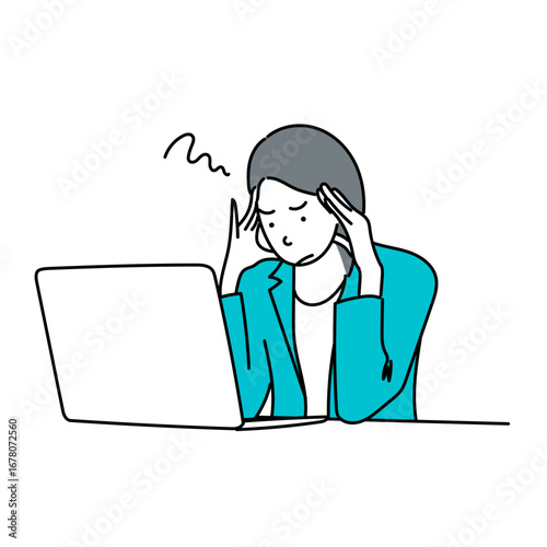 パソコンの前で悩む女性のベクターイラスト｜仕事のストレスやトラブルに直面するビジネスウーマン