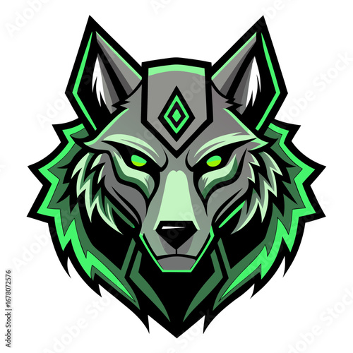 Cybernetic Wolf Head with Bold Outlines and Green Backlighting