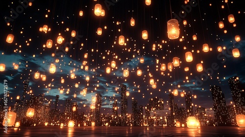 The night sky with floating lanterns