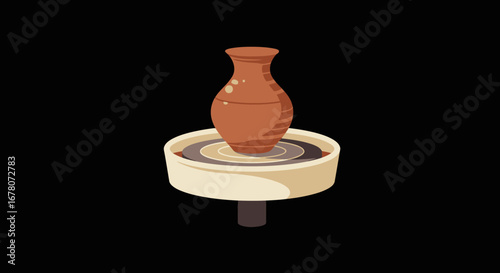 A brown ceramic vase is centered on a pottery wheel against a black background