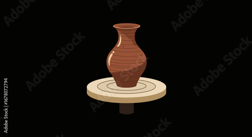 A brown banded vase sits atop a beige pottery wheel against a black backdrop
